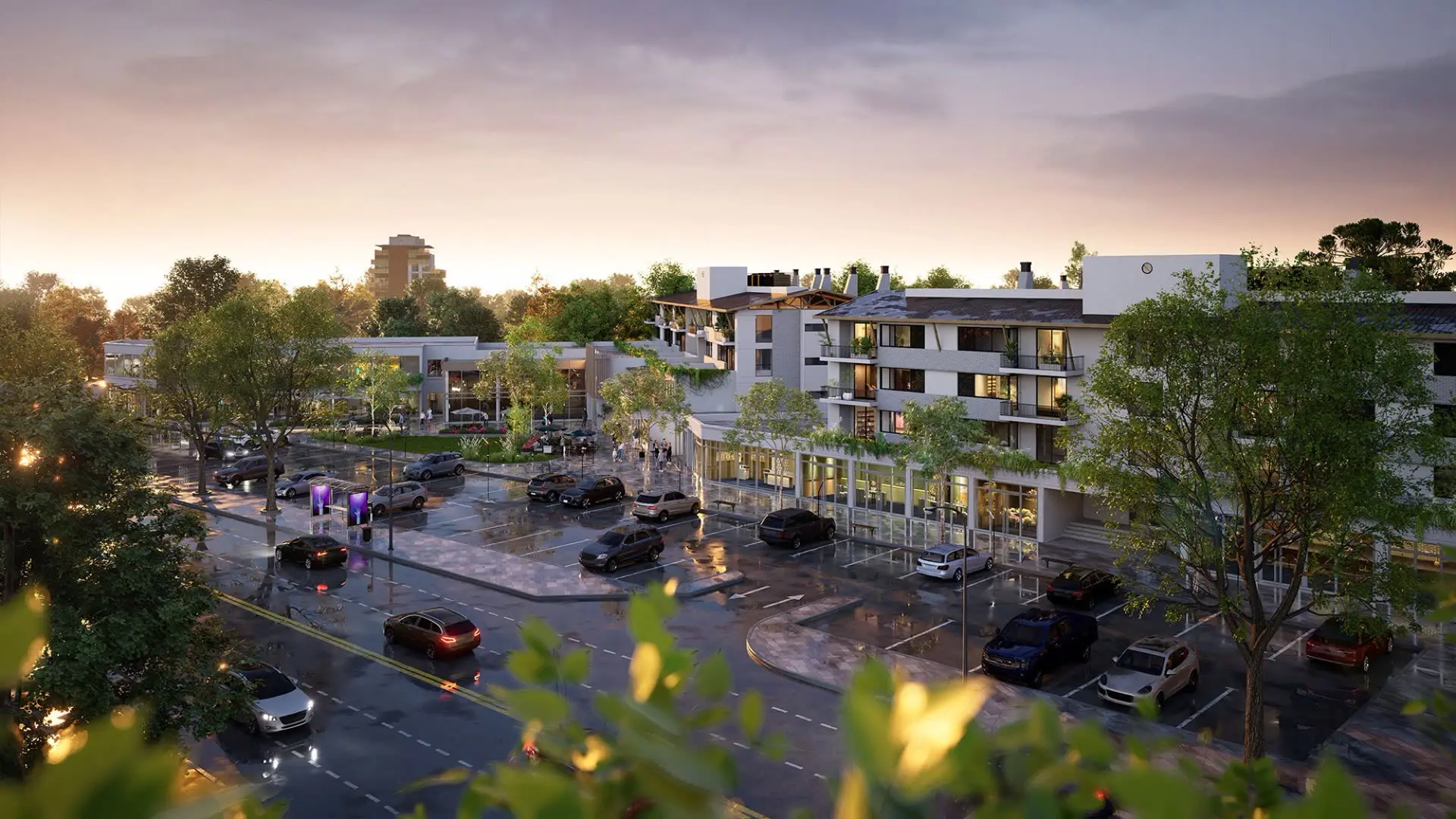 Render de Green Plaza al atardecer, con el estacionamiento y los edificios