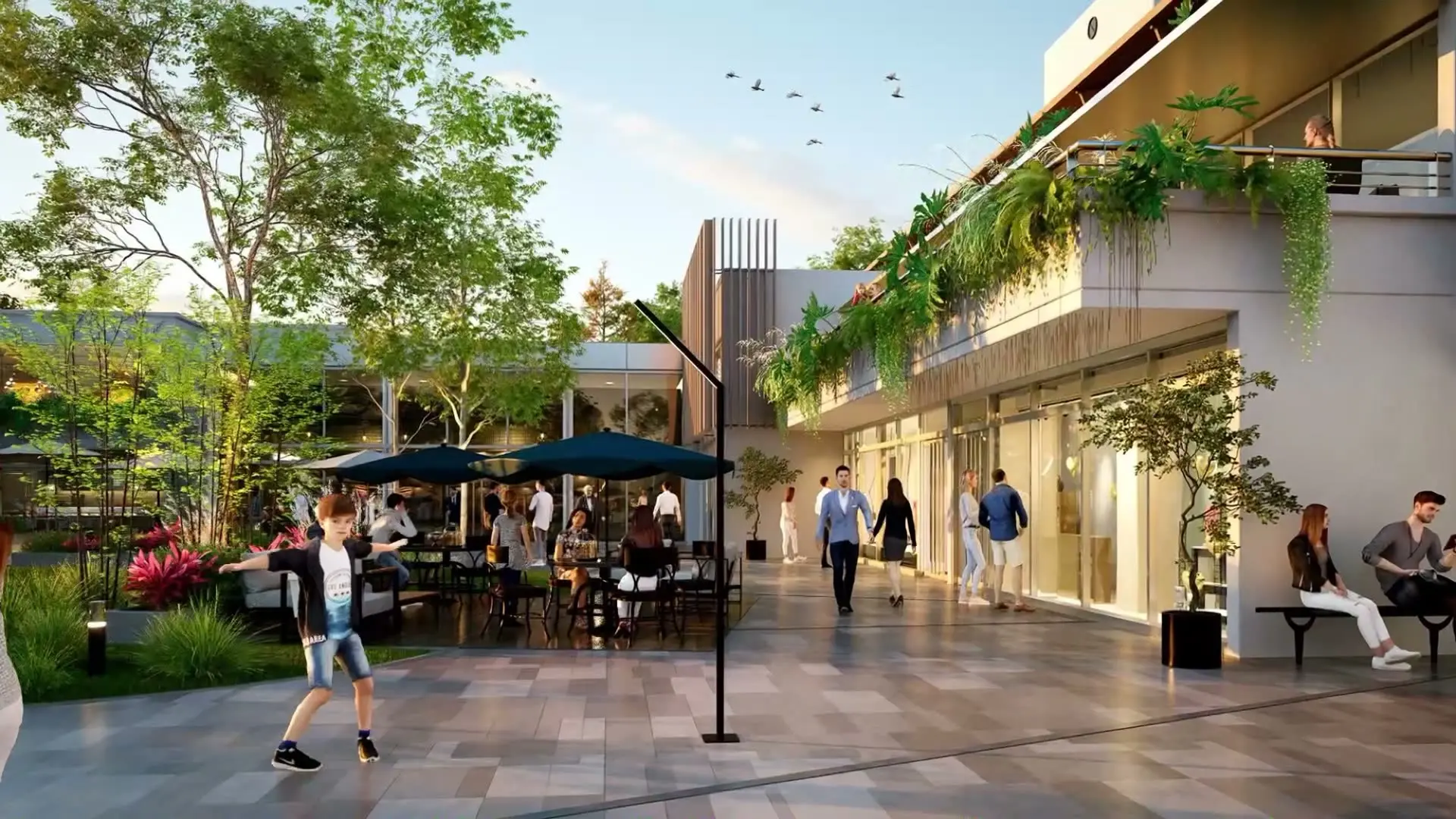 Render de la galería de locales con mesas afuera y árboles