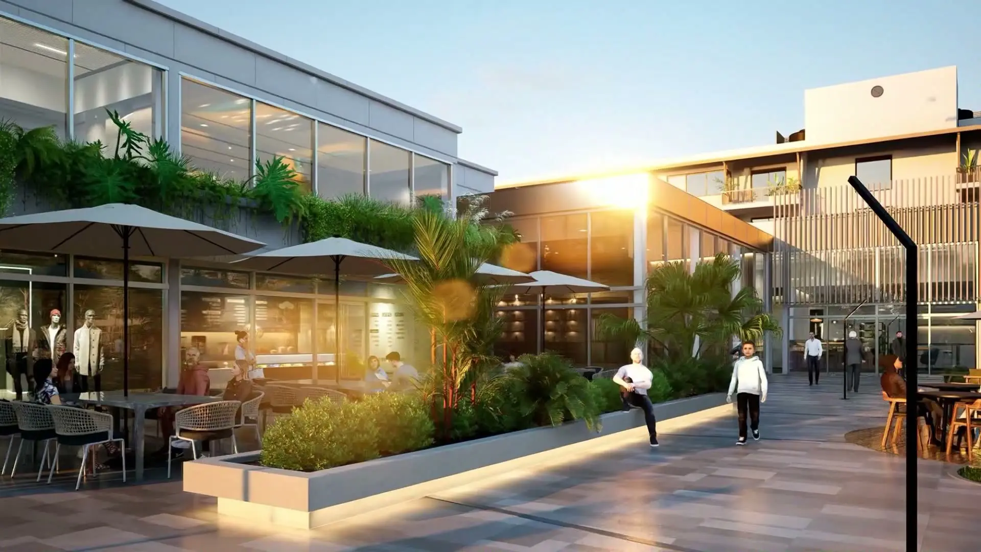 Render de la terraza gastronómica con sombrillas
