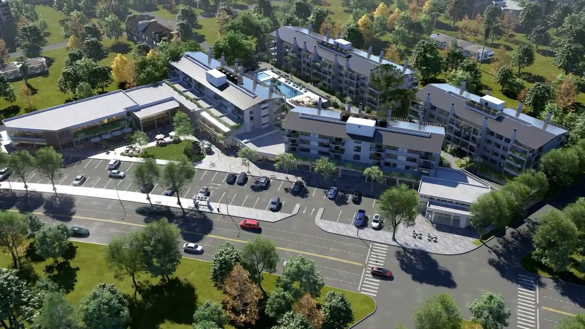 Render aéreo de Green Plaza entre árboles