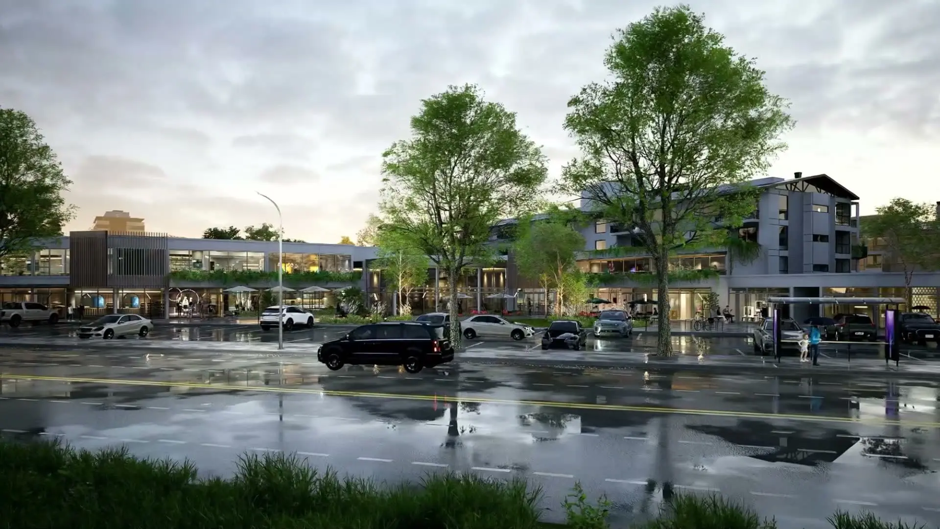 Render de Green Plaza con el piso mojado después de la lluvia