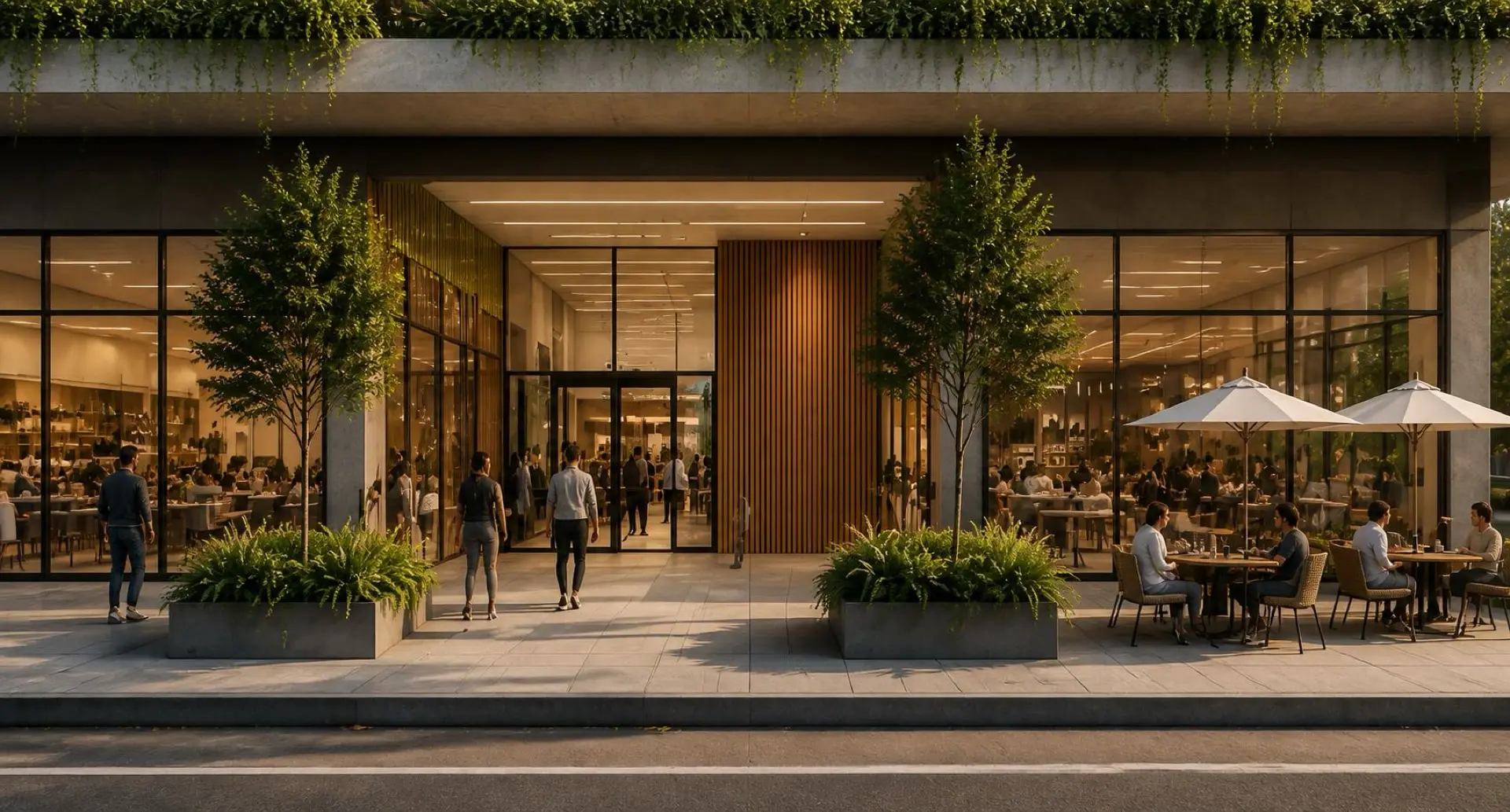 Render de la entrada vidriada de Los Olivos con mesas afuera