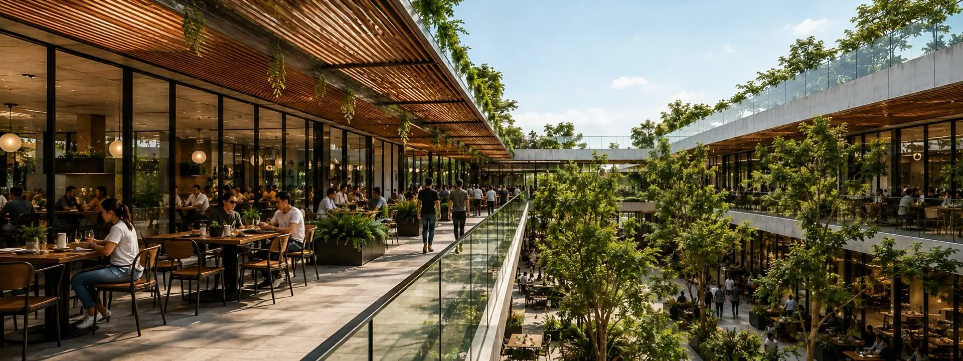 Render de la terraza gastronómica de Los Olivos entre plantas