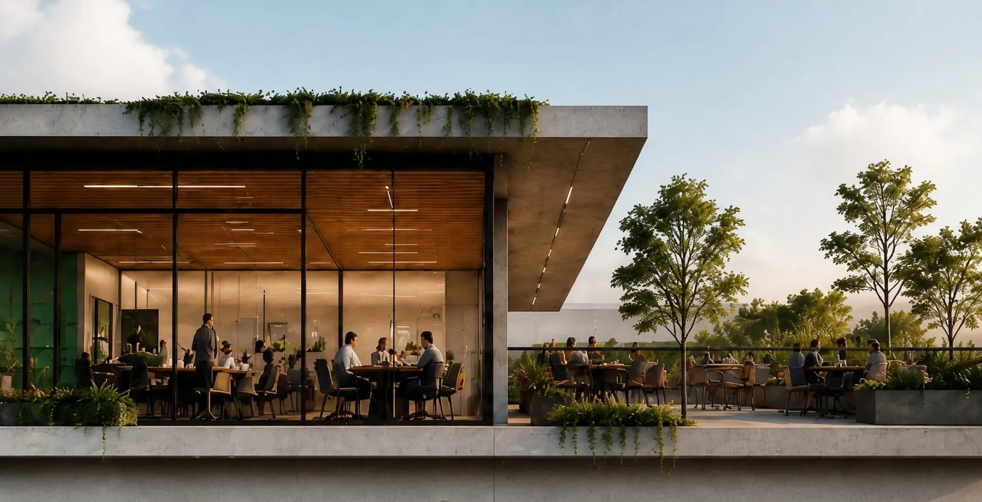 Render de un restaurante vidriado de Los Olivos con gente comiendo