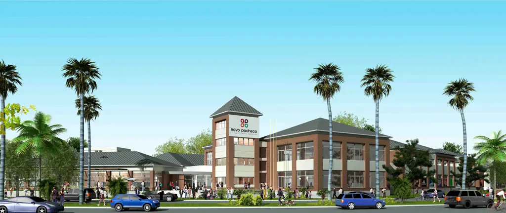 Render panorámico de Novo Pacheco con palmeras sobre la avenida