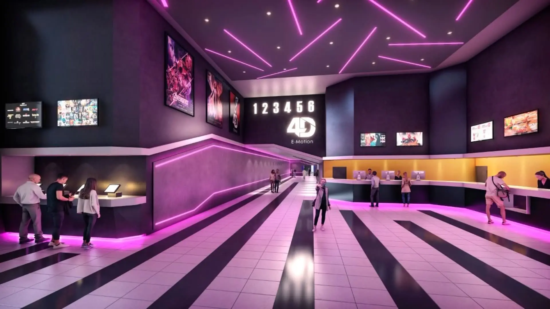 Render del hall de los cines