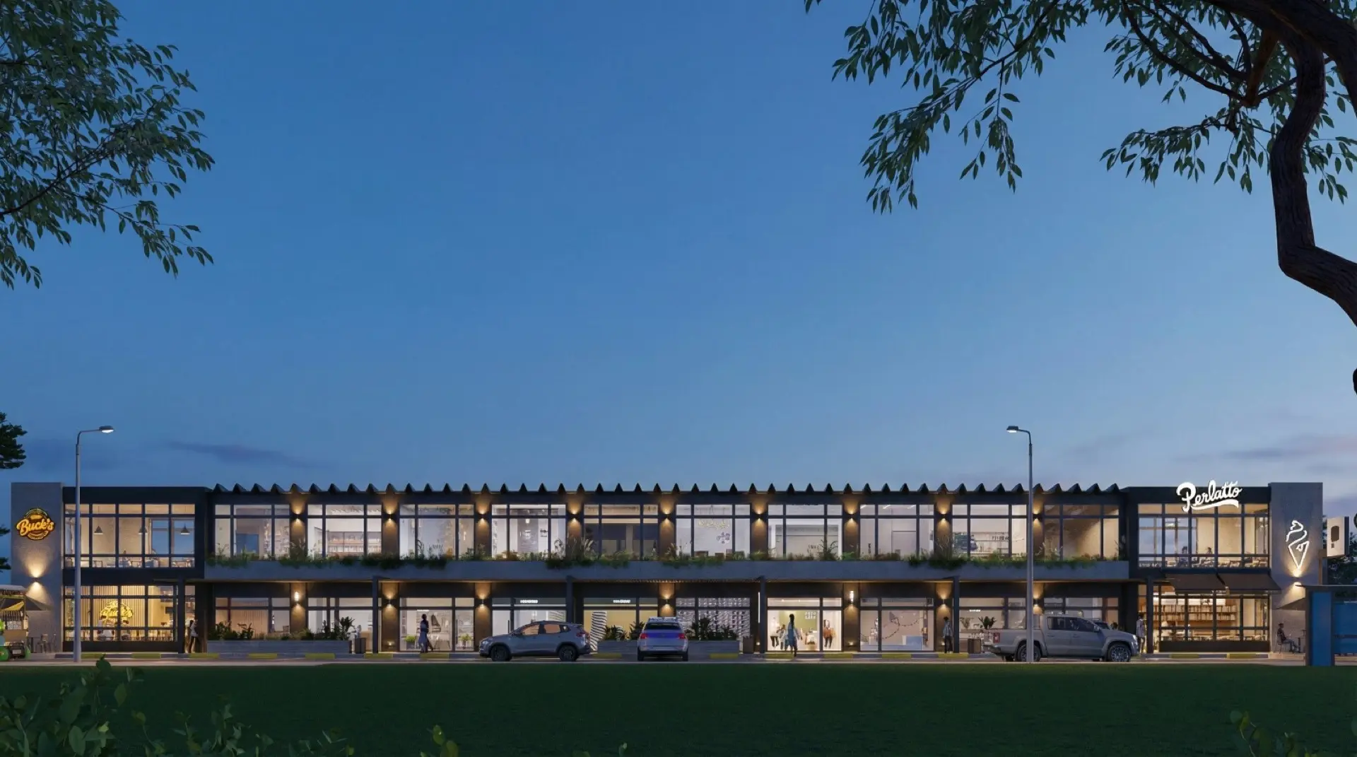 Render de la fachada de Punto Patricias al atardecer, con los dos niveles de locales iluminados