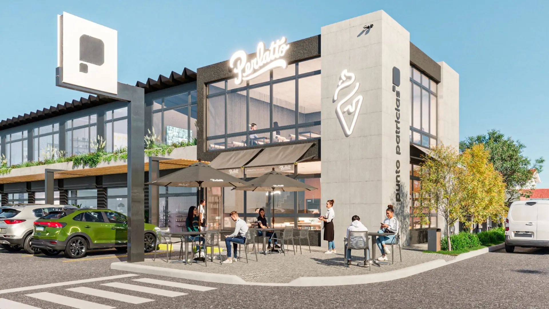 Render de la esquina gastronómica de Punto Patricias con mesas en la vereda