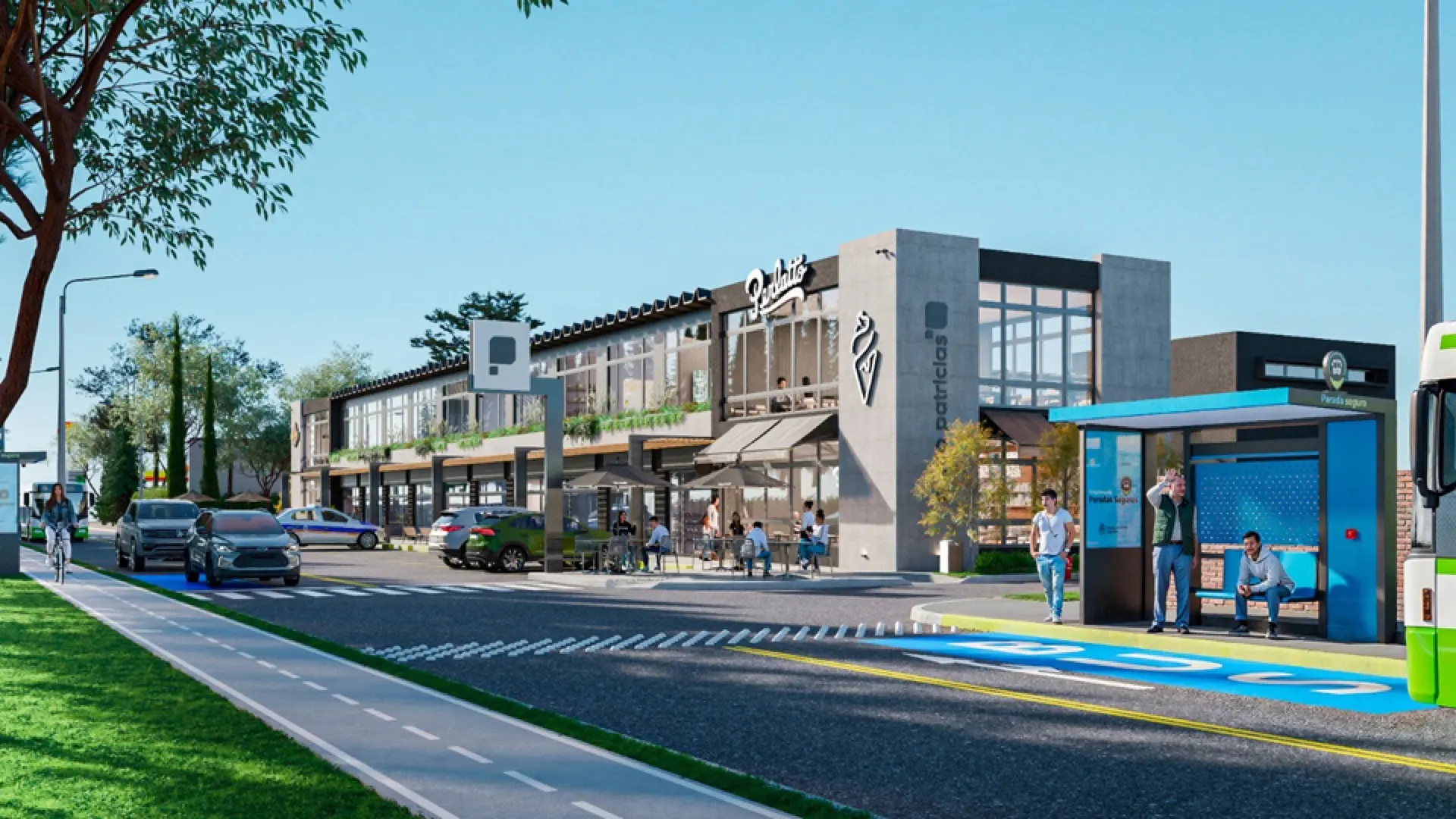 Render de Punto Patricias sobre la avenida, con la bicisenda y la parada de colectivo